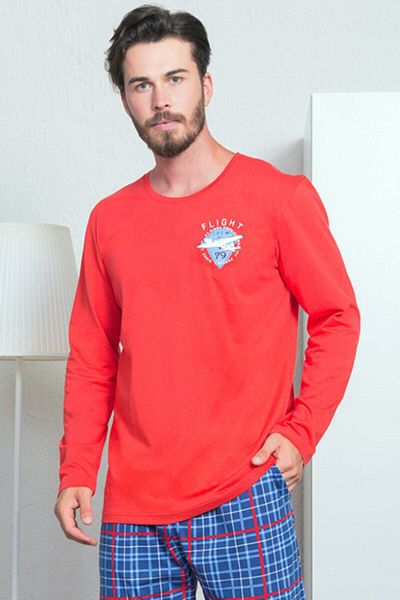 GAZZAZ Red Men's Single Jersey Combed Cotton Long Sleeve O-Neck Pajama Set with Pockets 3120