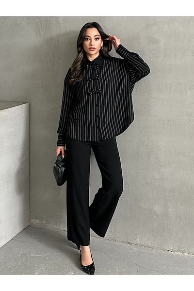 MD trend Women's Bow Detailed Striped Oversize Shirt and Palazzo Pants Two Piece Set