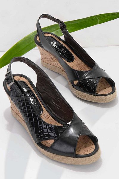 Bambi Black Croco Genuine Leather Women's Espadrille K 05582202203