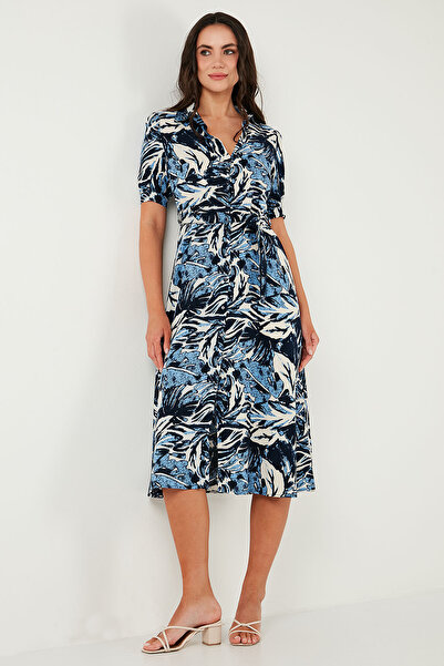 Lela Сукня міді з візерунком на поясі, з рукавом-балоном, розрізом ELBISE 67810558