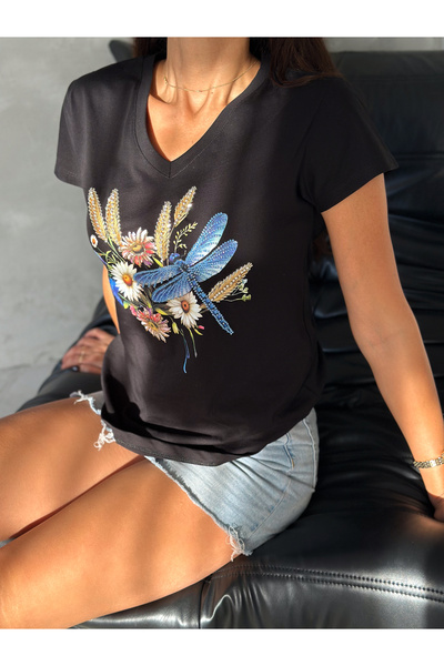 Esra Butik Hane Women's Black V-Neck Sequin Embroidered Dragonfly Bird Cotton T-Shirt