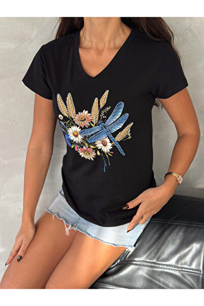 Esra Butik Hane Γυναικείο μπλουζάκι από βαμβακερό βαμβακερό μπλουζάκι με παγιέτες με λαιμόκοψη σε μαύρο χρώμα