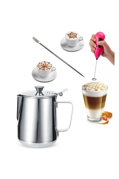 adin tasarım Latte Set 3-Piece Milk Pot with Lid 500 ml + Latte Art Pen Stick + Milk Frother Set