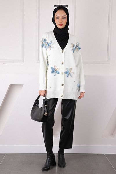 İmajButik Πλεκτή Ζακέτα Ecru Flower Λεπτομερής
