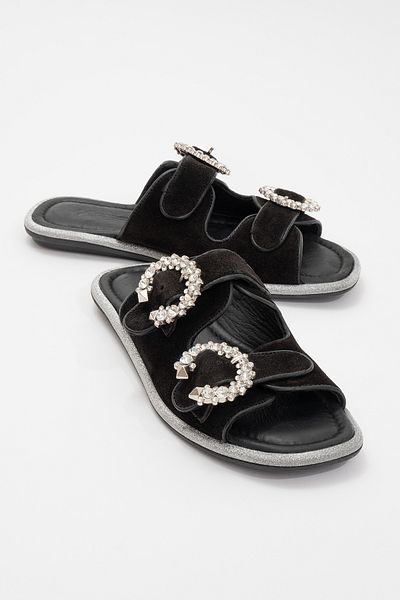 Dericlub Women's Double Stone Banded Slippers - Real Leather Zy 8069 Black