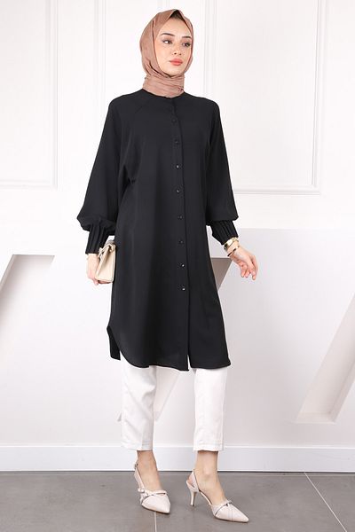İmajButik Μαύρο χιτώνα Linda με ραβδώσεις