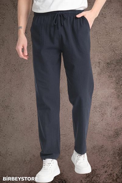 BİRBEYSTORE Summer Linen Trousers Raw Cloth Sweatpants Elastic Waist Unisex Comfortable Fit