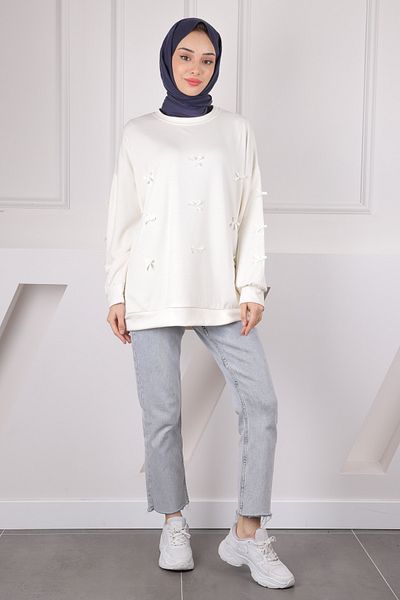 İmajButik Εκρού Κορδέλα Λεπτομερής Modal Sweat