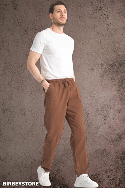BİRBEYSTORE Yazlık Keten Pantolon Ham Bez Eşofman Beli Lastikli Unisex Rahat Kalıp Hambez Alt