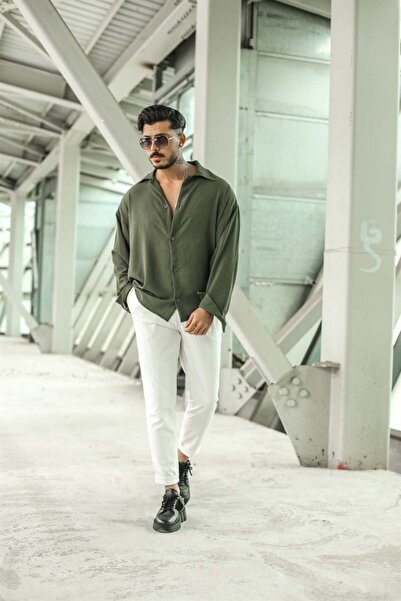 OUTFİT MAN Erkek Dokulu Oversize Gömlek Koyu Yeşil