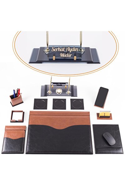 Ofistike 9 Parça Siyah Taba Lüks Sümen Takımı Elit Isimlik Lüks Sümen Seti Kristal Masa Isimliği Masa Sümeni