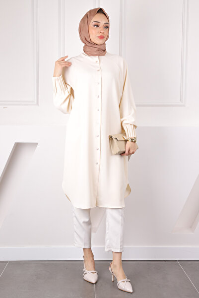 İmajButik Μπεζ Linda Tunic με ραβδώσεις στα μανίκια