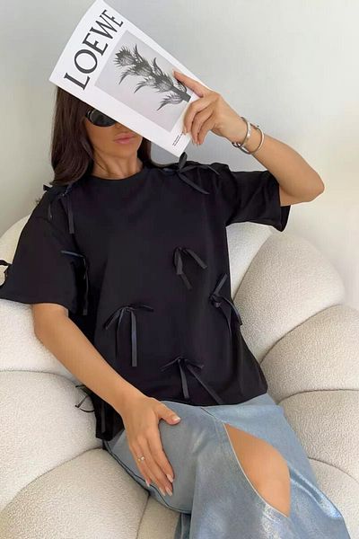 KRIMO Crew Neck Short Sleeve T-Shirt with Ribbon Bow