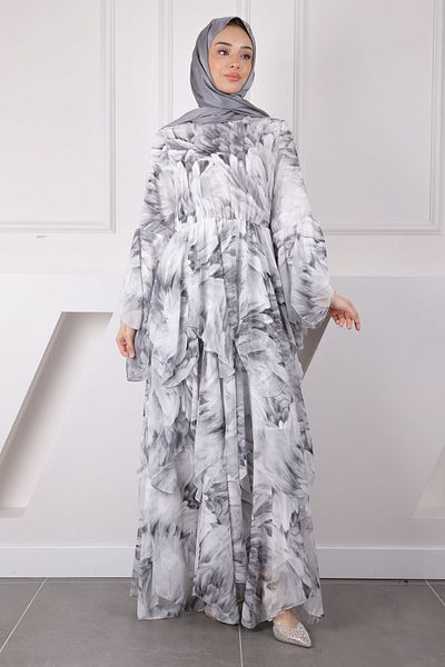 İmajButik Φόρεμα σιφόν με γκρι σχέδιο φούστα