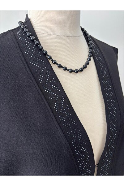Özenli Triko Çelik Örgü Taşlı Anne Yelek Siyah