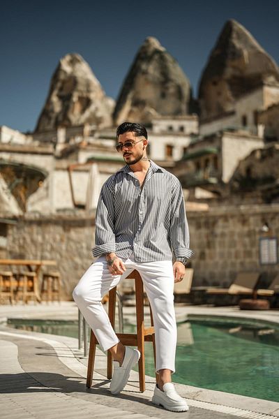 OUTFİT MAN Men's Striped Basic Oversize Shirt Gray