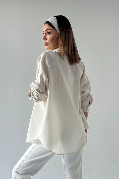bb butik basic Cămașă lejeră cu dungi din bumbac cu textura de in crem BB-KU3435