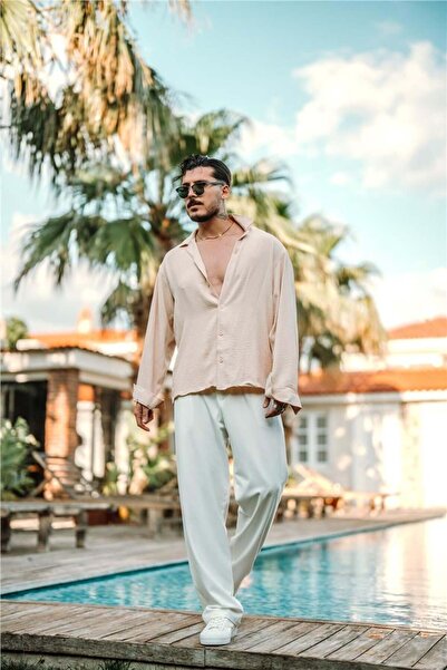OUTFİT MAN Erkek Special Dokulu Oversize Gömlek Bej
