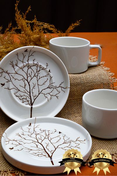 Heda Porselen Tree of Life 4-Piece Porcelain Tea Cup Set for 2 People