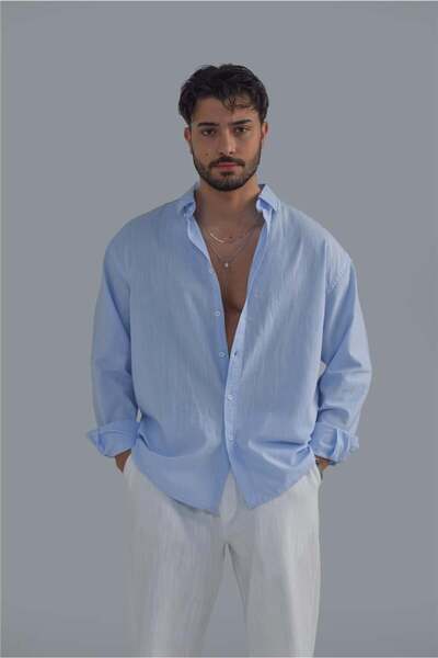 OUTFİT MAN Collar Buttoned Linen Shirt Light Blue