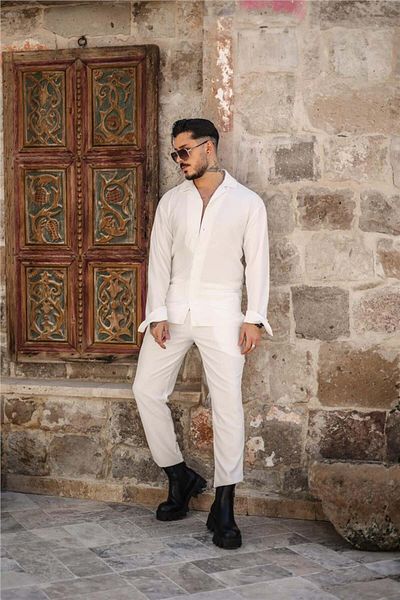 OUTFİT MAN Men's Long Sleeve Corduroy Shirt White