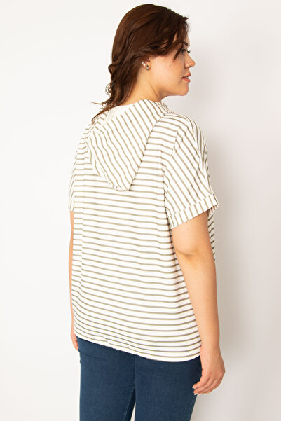 Şans Kadın Büyük Beden Haki Kapşonlu Çizgili Sweatshirt 65N38725