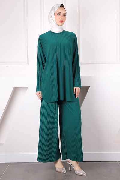 İmajButik Σετ παντελόνι με πλισέ σμαραγδί πράσινο άμμο