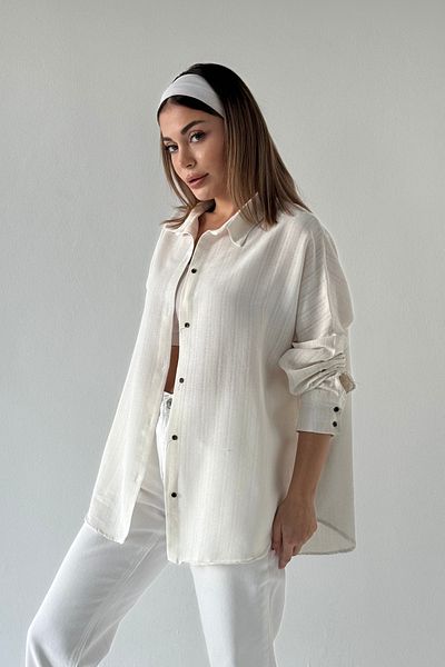bb butik basic Cămașă lejeră cu dungi din bumbac cu textura de in crem BB-KU3435