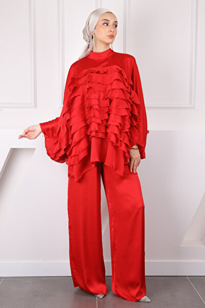 İmajButik Red Frilly Katkat Tunic Trousers Special Design Suit