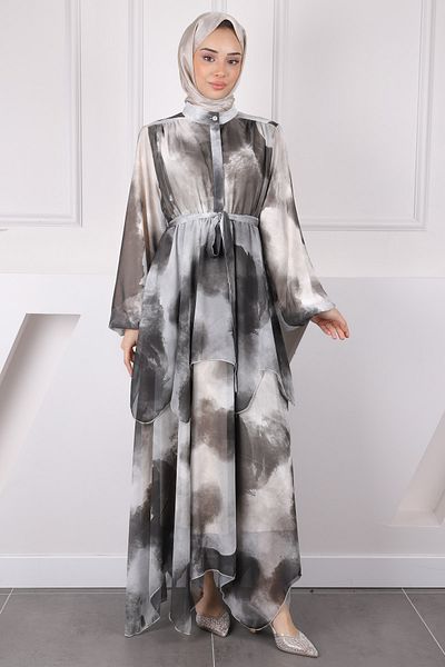 İmajButik Φόρεμα σιφόν με ζώνη χακί