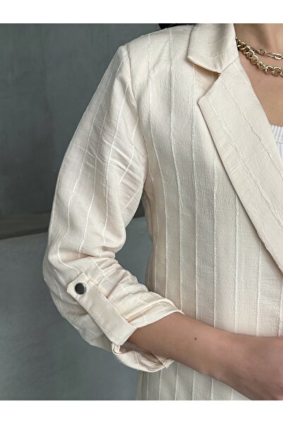 MD trend Women's Sleeve Fold Aerobin Linen Jacket and Palazzo Trousers Double Set