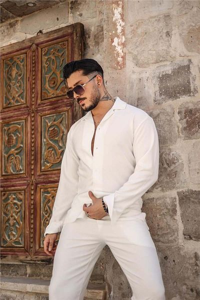 OUTFİT MAN Men's Long Sleeve Corduroy Shirt White
