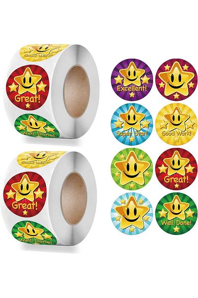 erorex 1000Pcs 1 Inch 8 Kinds Of Design Star Reward Stickers Roll For Kids Teacher Adults Parents