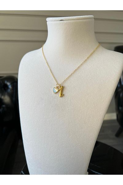 Store Letter I Necklace with Heart Charm and Steel Chain