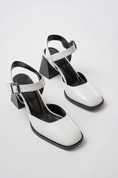 BY ELİZE Inf-40450 White Patent Leather Daily Open Back Heeled Shoes