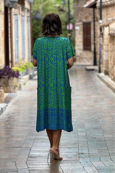 Nevin Kaya Moda Fuste Verzi Rochie Pieptănată Bumbac Dublu Buzunar Față Albastru
