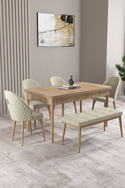 asaella mobilya Milas Meşe Desen 80x132 Mdf Açılabilir Mutfak Masası Takımı 4...