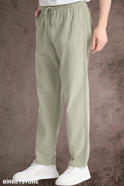 BİRBEYSTORE Summer Linen Trousers Raw Cloth Sweatpants Elastic Waist Unisex Comfortable Fit