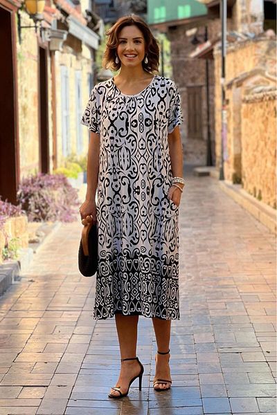 Nevin Kaya Moda Λευκό έθνικ μοτίβο μπροστινό φόρεμα με διπλή τσέπη, βαμβακερό χτενισμένο βαμβακερό φόρεμα