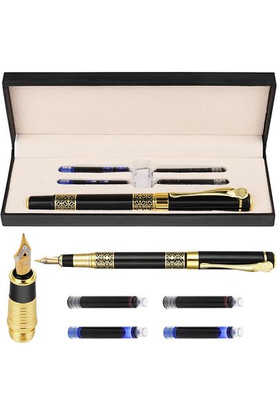erorex Luxury Fountain Pen Set Metal Fountain Pen Medium Point With 2 Black Ink And Blue Ink Sac Business