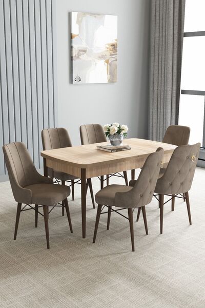 asaella mobilya Jusie Meşe Desen 80x132 Açılabilir Mutfak Masası Takımı 6 Ade...