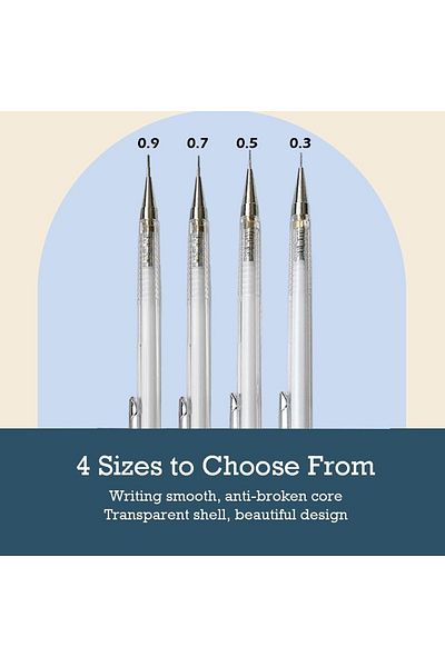 erorex Mechanical Pencil Set 4 Pcs Transparent Pencils 0.3 0.5 0.7 0.9 Mm With 4 Boxes Of Hb Pencil Lead 2