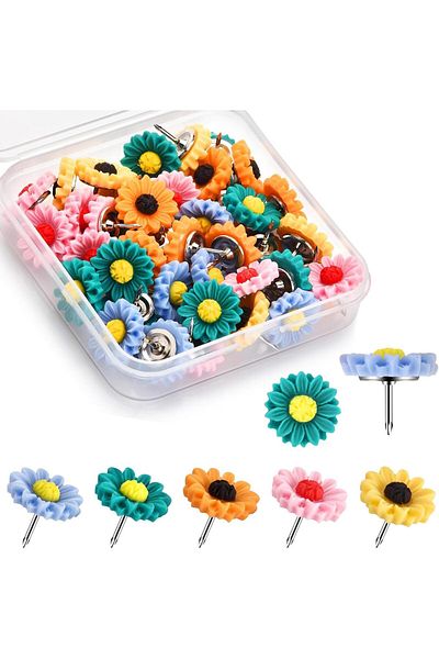 erorex 40Pcs Colorful Sunflower Push Pins Decorative Flower Push Pins Travel Map Marking Pins Bulletin
