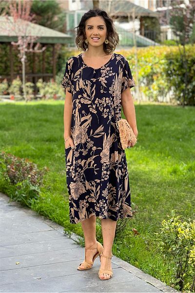 Nevin Kaya Moda Rochie din viscoză din bumbac pieptănat cu model de frunze bleumarin