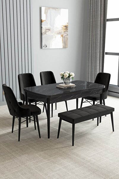 asaella mobilya Jusie Siyah Mermer Desen 80x132 Açılabilir Yemek Odası Takımı...