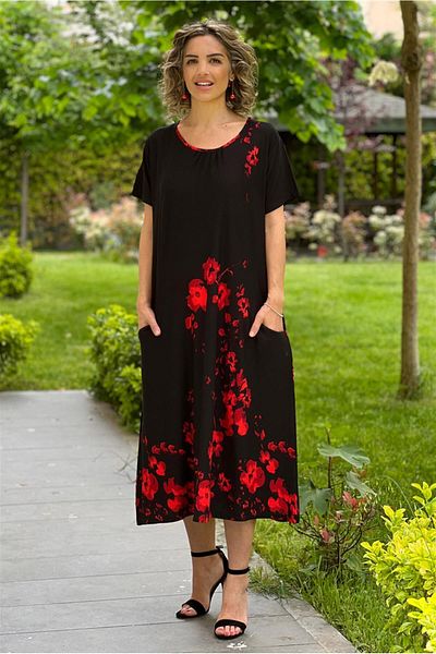 Nevin Kaya Moda Rochie neagră cu buzunar dublu în față cu model floare de foc