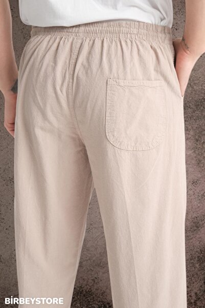 BİRBEYSTORE Yazlık Keten Pantolon Ham Bez Eşofman Beli Lastikli Unisex Rahat Kalıp