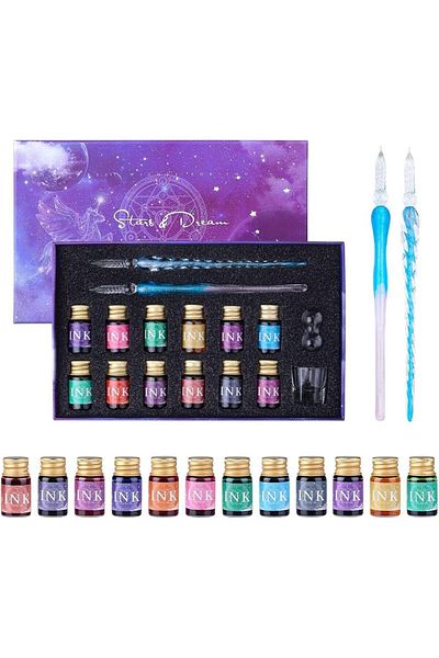 erorex Glass Dip Pen And Ink Set With 2 Calligraphy Crystal Pens And 12 Gold Inks Pen Holder And Cleansing