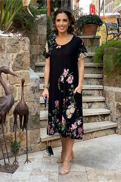 Nevin Kaya Moda Rochie oversize cu model de trandafir negru cu buzunar dublu