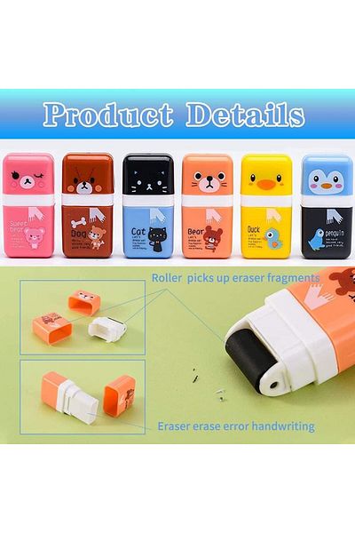 erorex Pencil Erasers 6Pcs Pencil Eraser Shaving Roller Case For Easy Pick Up And Removal Animal Themed
